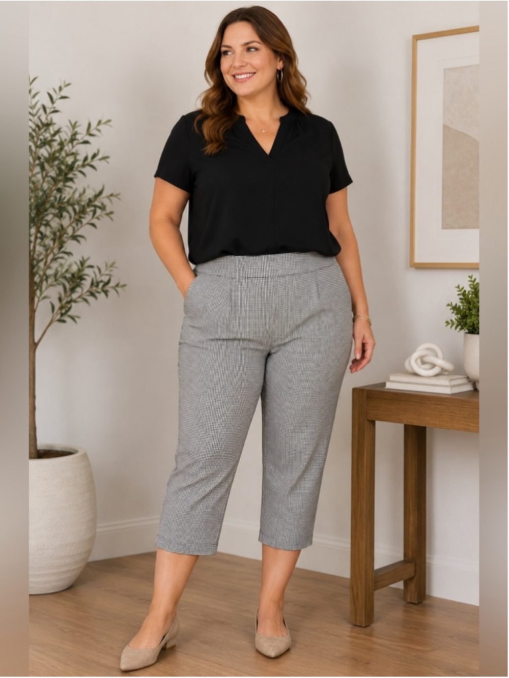 Attyre Black White Gingham Houndstooth Capri Pants Size 14 Stretch Summer